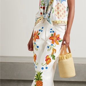 Farm Rio flower embroidered white cotton pant.